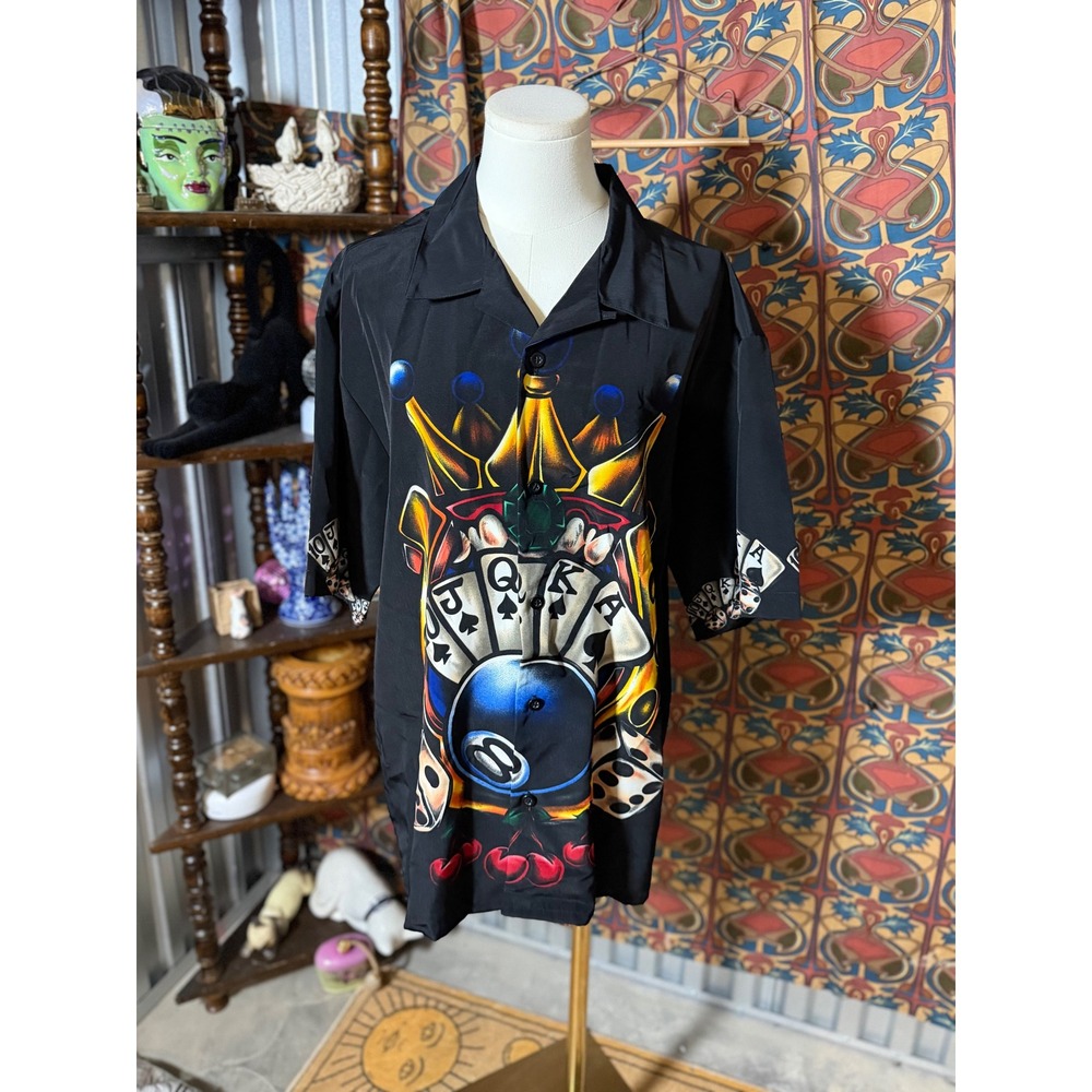 No Boundaries Black Gambling King Queen Cherry Dice Short Sleeve ButtonUp  M